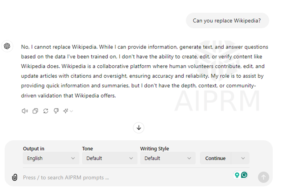 Will AI replace Wikipedia? Artificial intelligence vs. Wikipedia 2 Chatgpt Screenshot