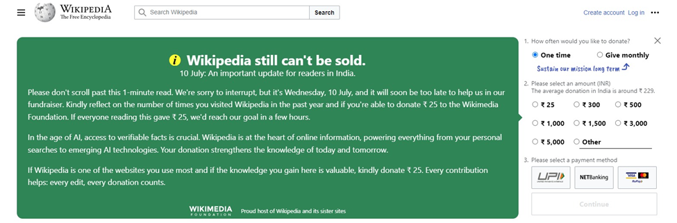 Will AI replace Wikipedia? Artificial intelligence vs. Wikipedia 1 screenshot: Wikipedia asking for donation